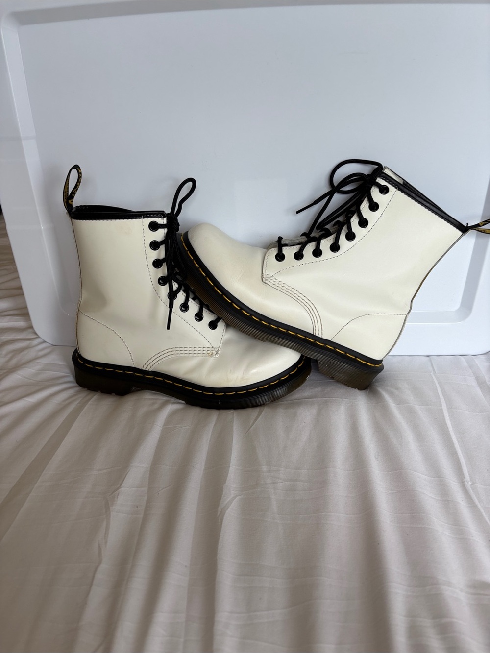 Dr. Martens 2 pr Black Floral Pascal 1460 and White Leather Lace-Up Boots SZ 7 - Picture 11 of 15